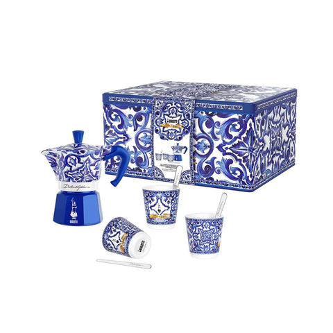 Bialetti Blu Med 3 cup D&G Moka Pot +3 porcelain cups + 3 silver stirreres