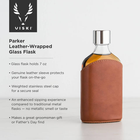 Viski - Admiral™ Vintage-Style Parker Leather-Wrapped Glass Flask