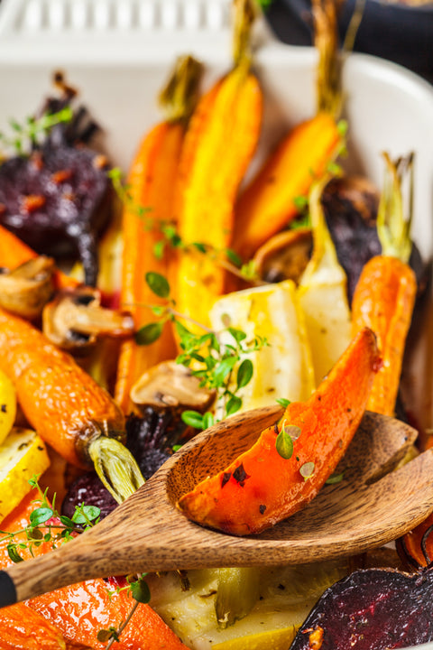 Bourbon Maple Glazed Roasted Carrots, Parsnips & Sweet Potatoes