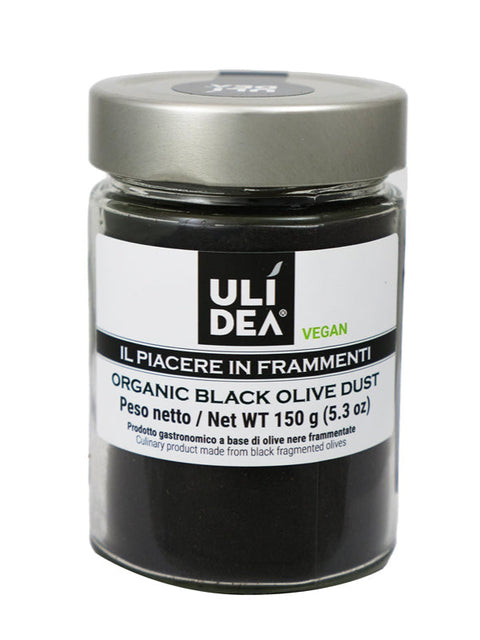 Jar of Uli Dea organic black olive dust on a white background