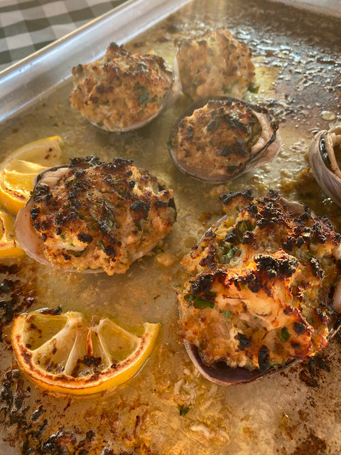 Long Island Local - CLAMS: Little Necks with Spicy Broth  & Baked Stuffed Clams