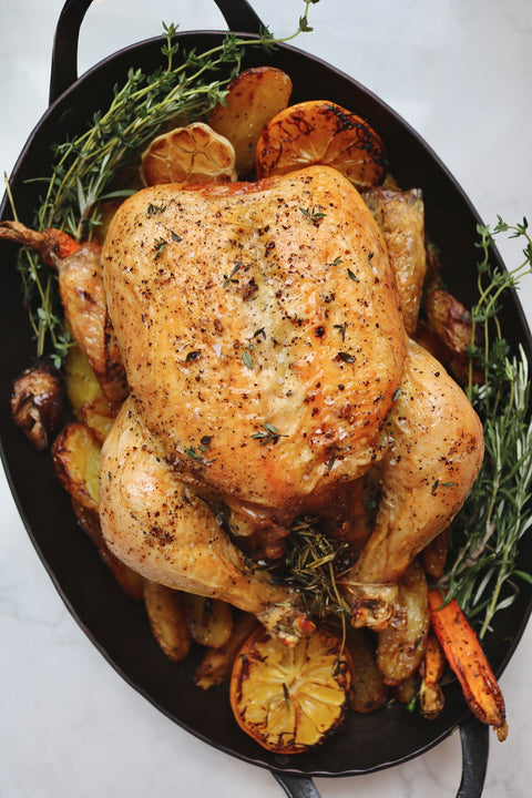 French Roast Chicken with Fingerling Potatoes, Crème Brûlée,  Roasted Brussels Sprouts