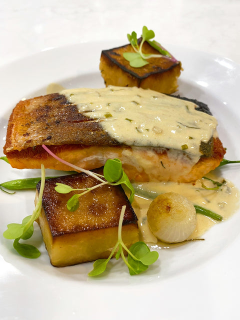 Crispy Skin Salmon with Mustard Chive Sauce