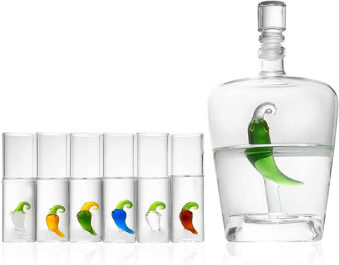 Tequila Decanter Set With 6 Pepper Shot Glasses