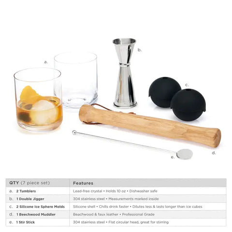 Viski Professional Cocktail Muddler Barware Set - Set of 7