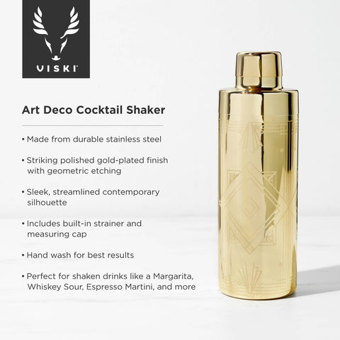 Viski - Art Deco Gold-Plated Cocktail Shaker w/ Built-in Strainer