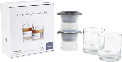 Schott Zwiesel Ultimate Whiskey with 2 Double Old Fashioned Bar/Cocktail Glasses Paired with 2 Large Sphere Ice Molds, Clear