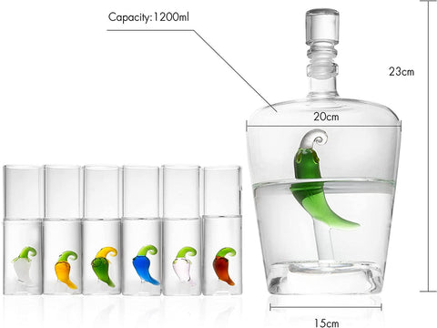 Tequila Decanter Set With 6 Pepper Shot Glasses