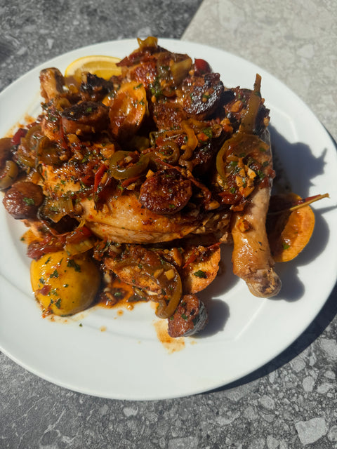 Chicken Scarpariello, Escarole & Beans and Lemon Ricotta Zeppoli