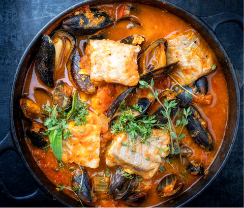 Cioppino: San Francisco Fisherman’s Stew with Homemade Flatbread and Dark Chocolate Panna Cotta