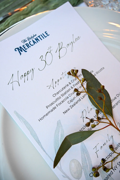Custom printed Mercantile menu card with eucalyptus
