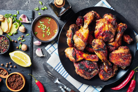 Caribbean Kitchen: Jerk Chicken, Sweet Plantains, Mango Salsa and Rum Roasted Pineapple Flambe