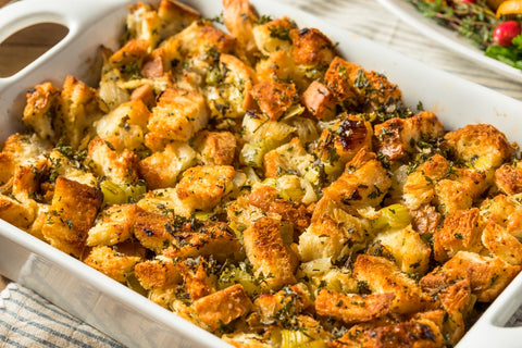 Southern Focaccia and Sourdough Stuffing with Sausage, Apple, Leeks and Brown Butter