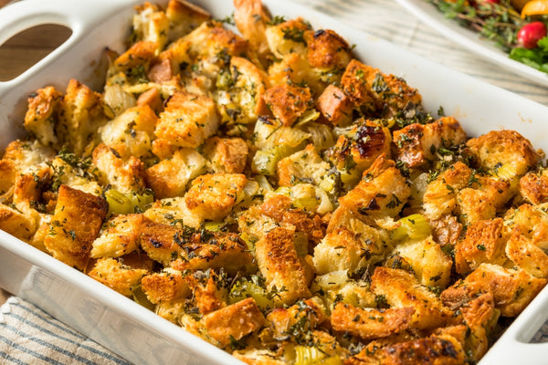 Southern Focaccia and Sourdough Stuffing with Sausage, Apple, Leeks and Brown Butter