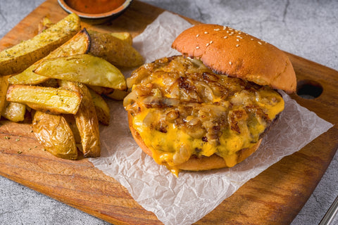 McMerc Smash Burger with Special Sauce,  Hand Cut Fries & Warm Apple Crisp