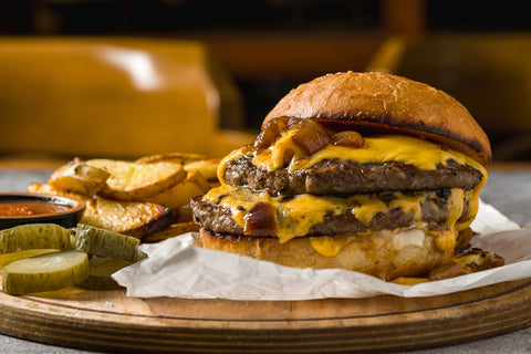 McMerc Smash Burger with Special Sauce,  Hand Cut Fries & Warm Apple Crisp